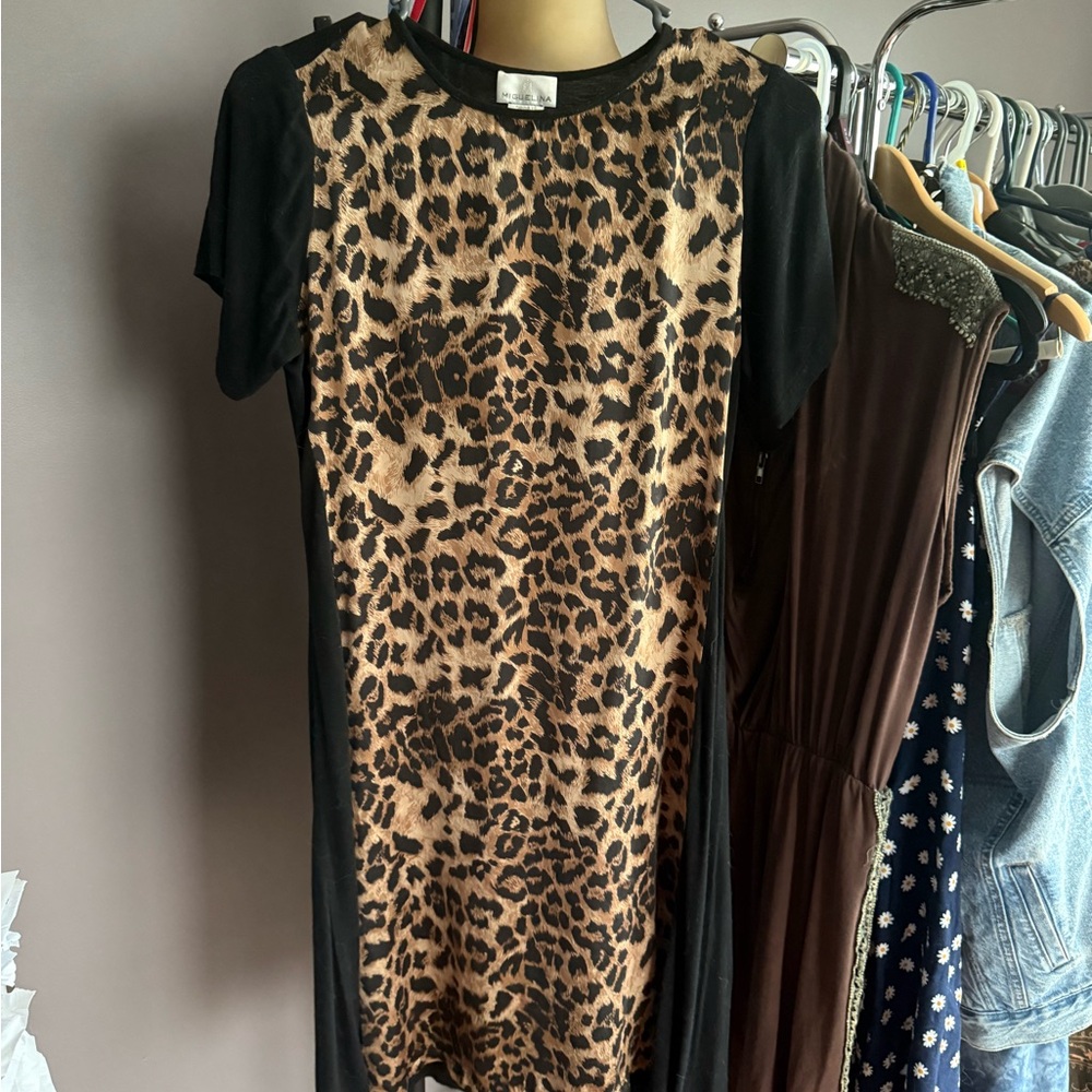 Miguelina Black and Leopard Print Midi Dress